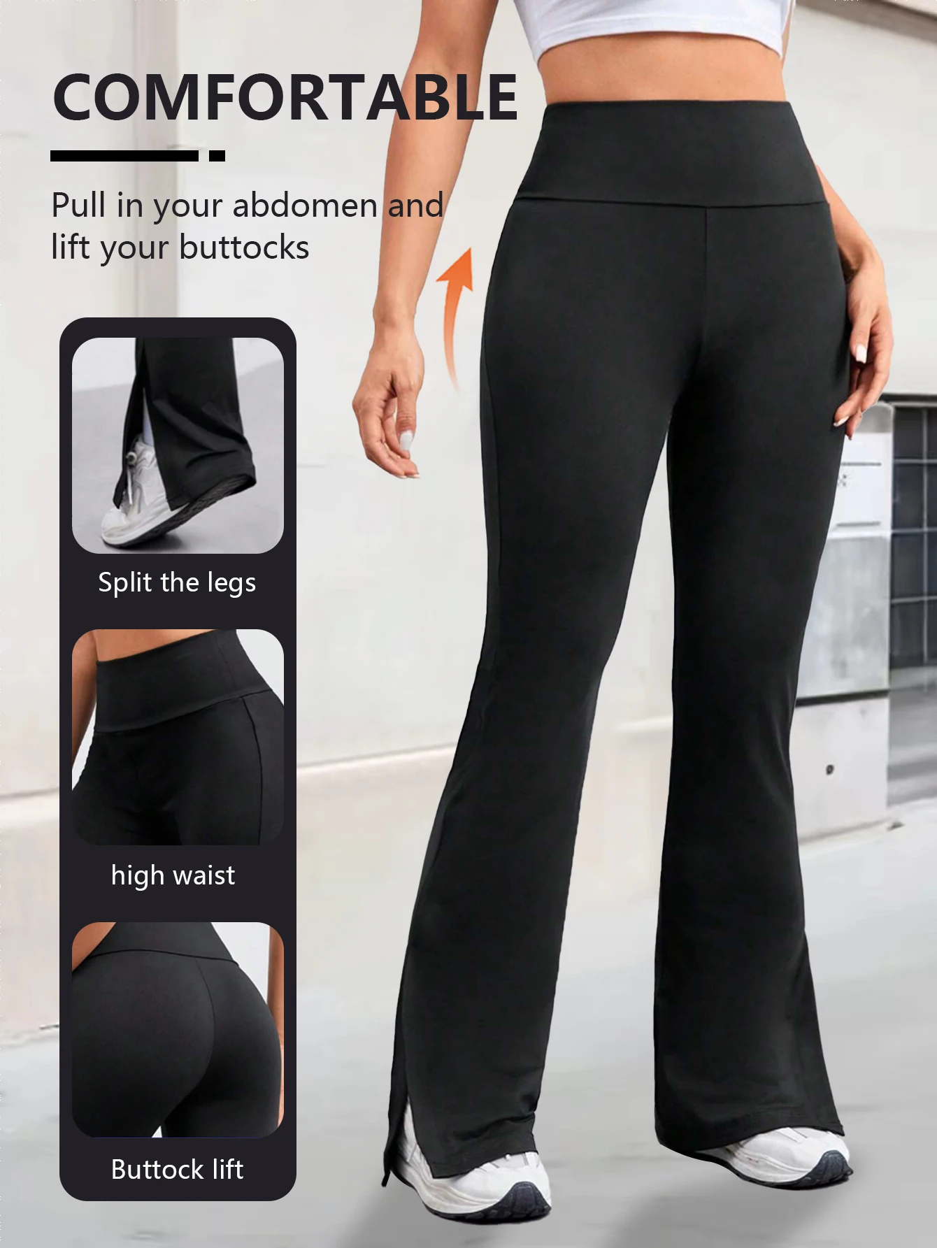 

Womens Polyester Elastic Waist Flare Trousers Slimming Tummy Control Hip Lifting Side Split Floor Length Casual Pants