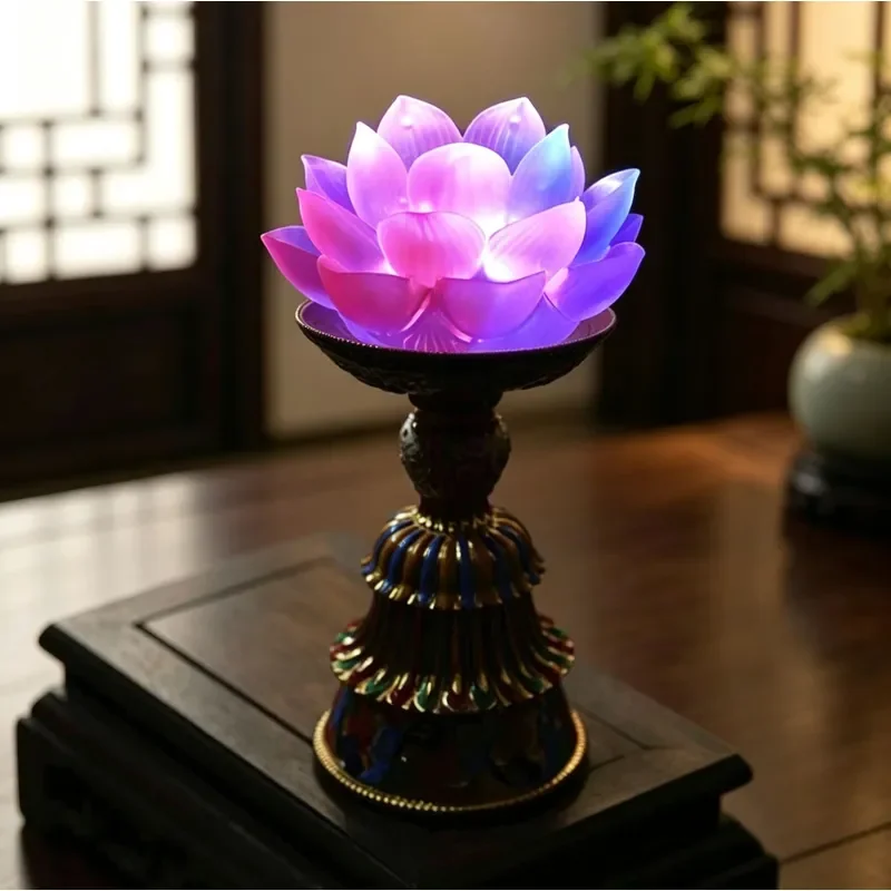 Chinese Style Glazed Lotus Lamp Colorful Enamel Buddha Light Home Decor Vintage Table Lantern Wholesale Single Piece
