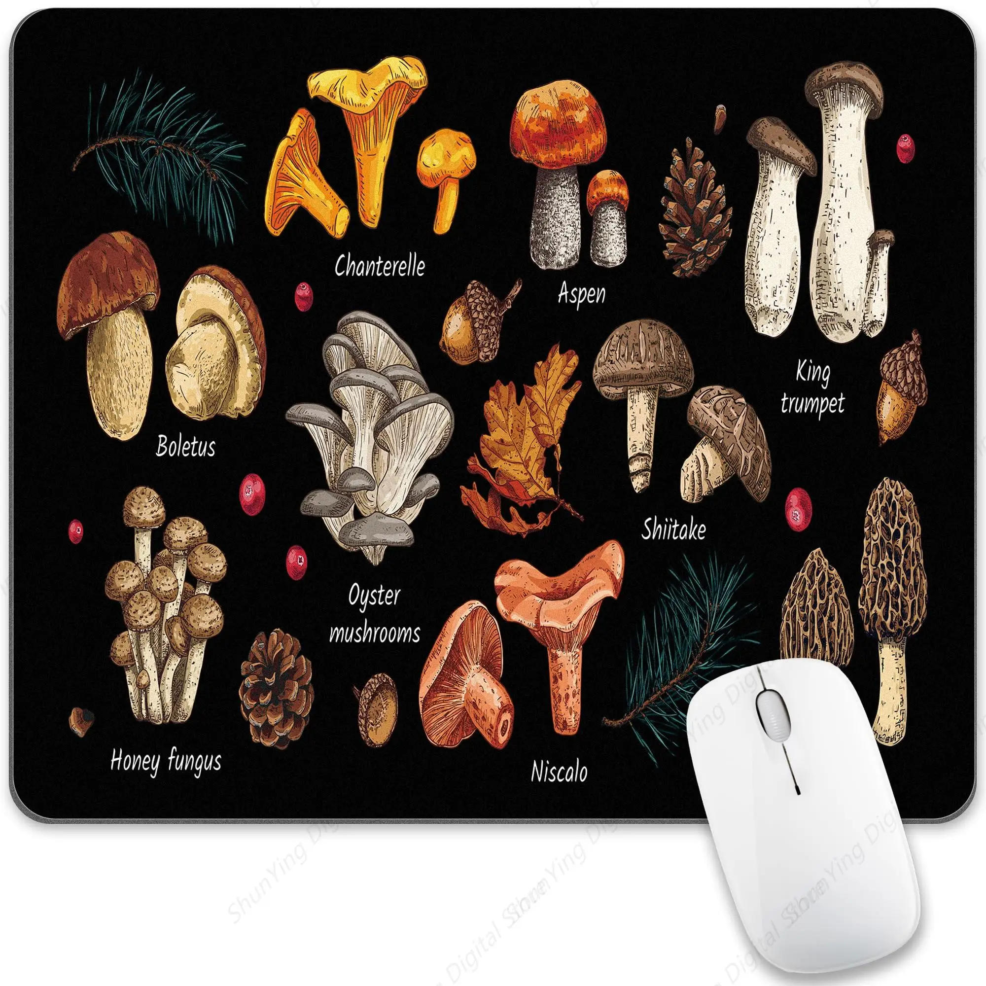 Black Mushroom Series Mouse Pad Retro Natural Forest Plants Laptop Mouse Pad Anti Slip Desktop Decoration Accessories 25*30cm