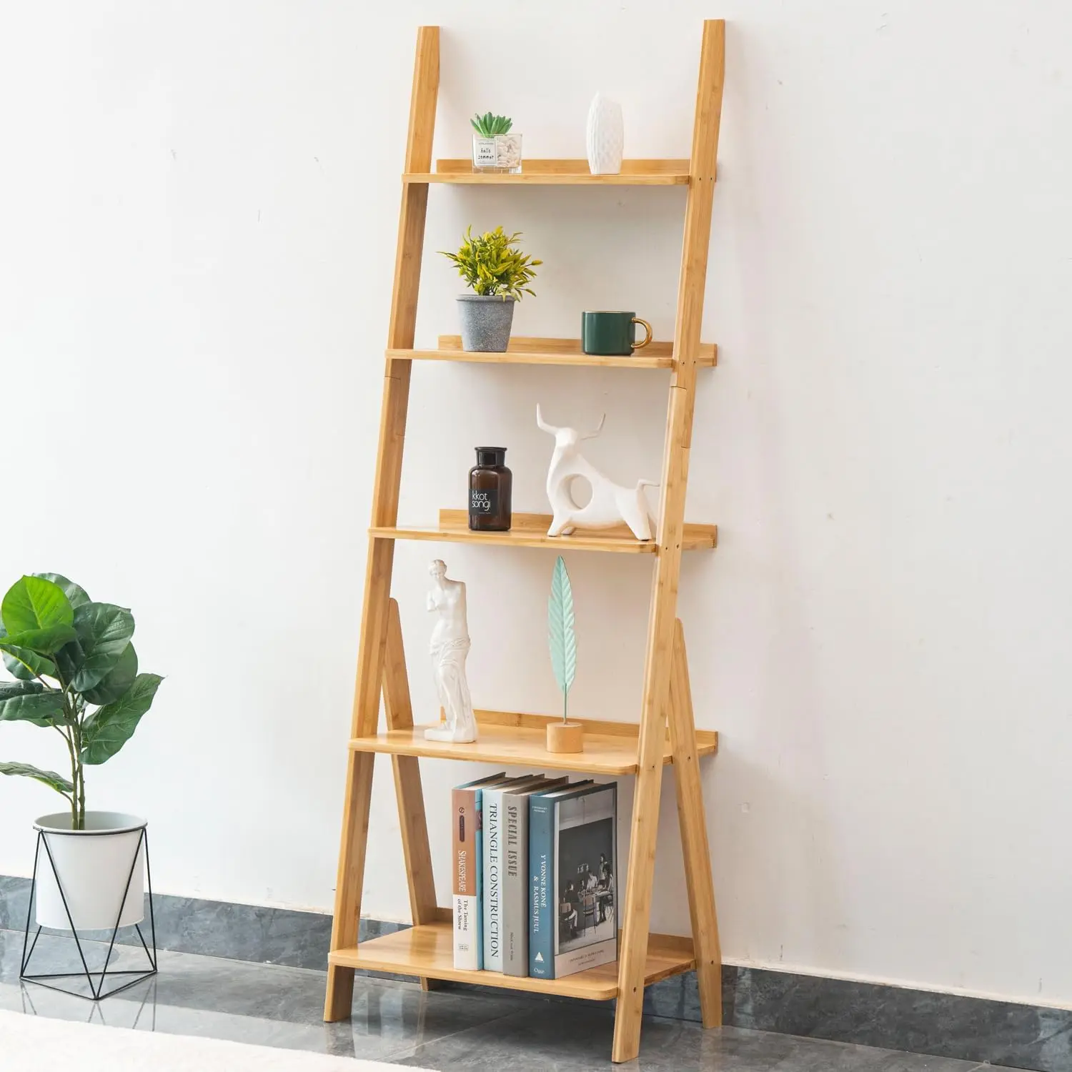 

Bamboo Ladder Shelf Bookcase, 5-Tier Leaning Bookshelf Free Standing Organizer Storage Shelves for Living Room, Bedroom, Kitchen