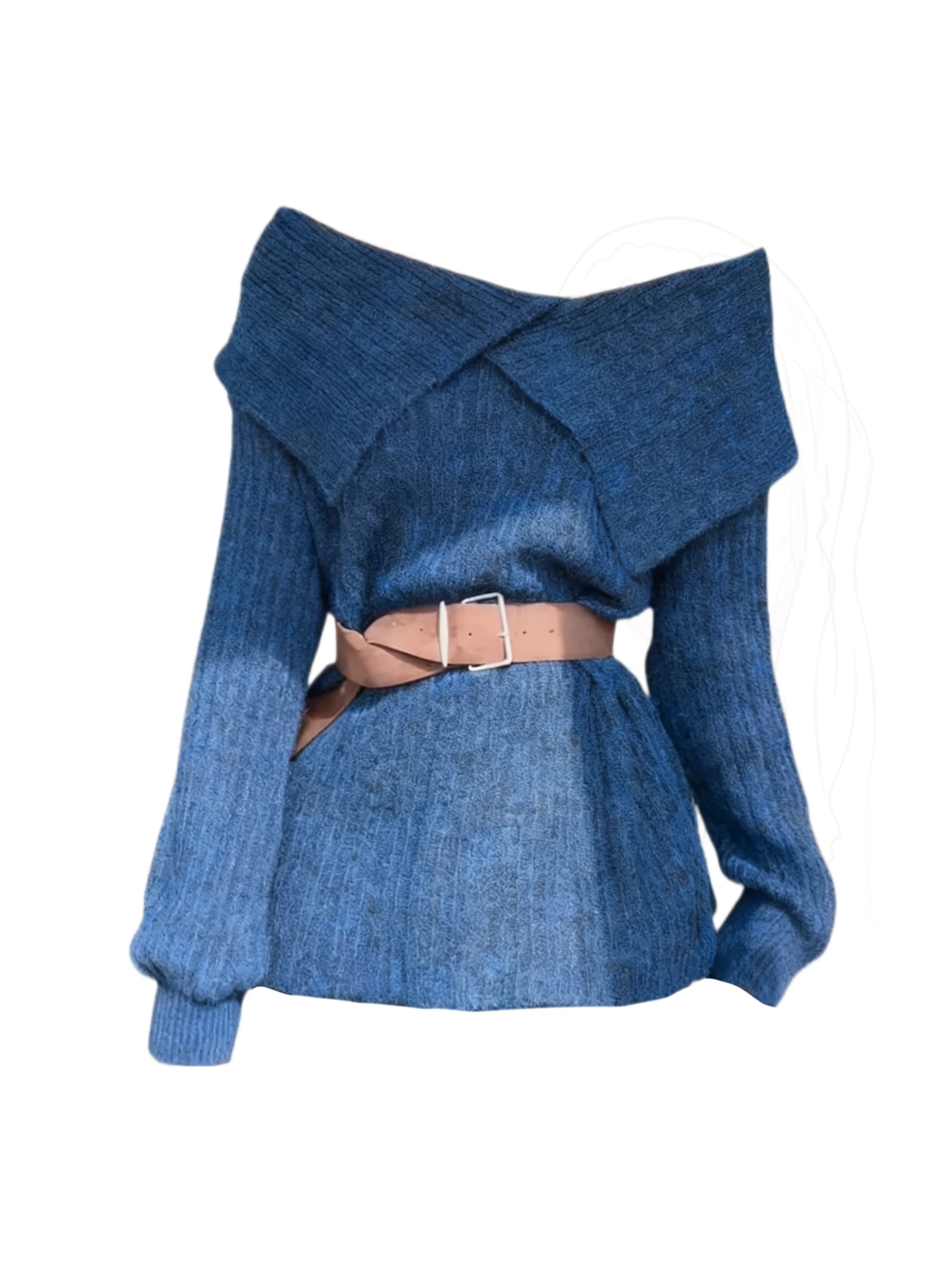 Women's Blue Off Shoulder Lapel Pullover Sweater with Belt Y2k Gyaru Vintage Korean Long Sleeve Midi Knitwear for Women Autumn