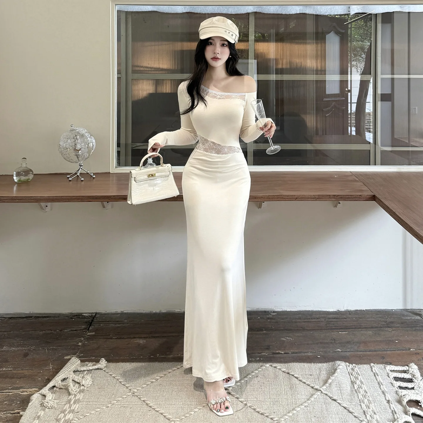 Elegant Asymmetrical Lace Beige Bodycon Dress Sexy One-shoulder High-end Evening Gown Autumn Women's Party Prom Vestidos Robe