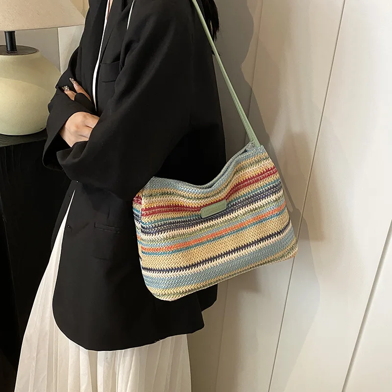 2024 New Women's Color Contrast Woven Bucket Bag Fashion Cross-body Bag Large Capacity Lady‘s Tote Bag