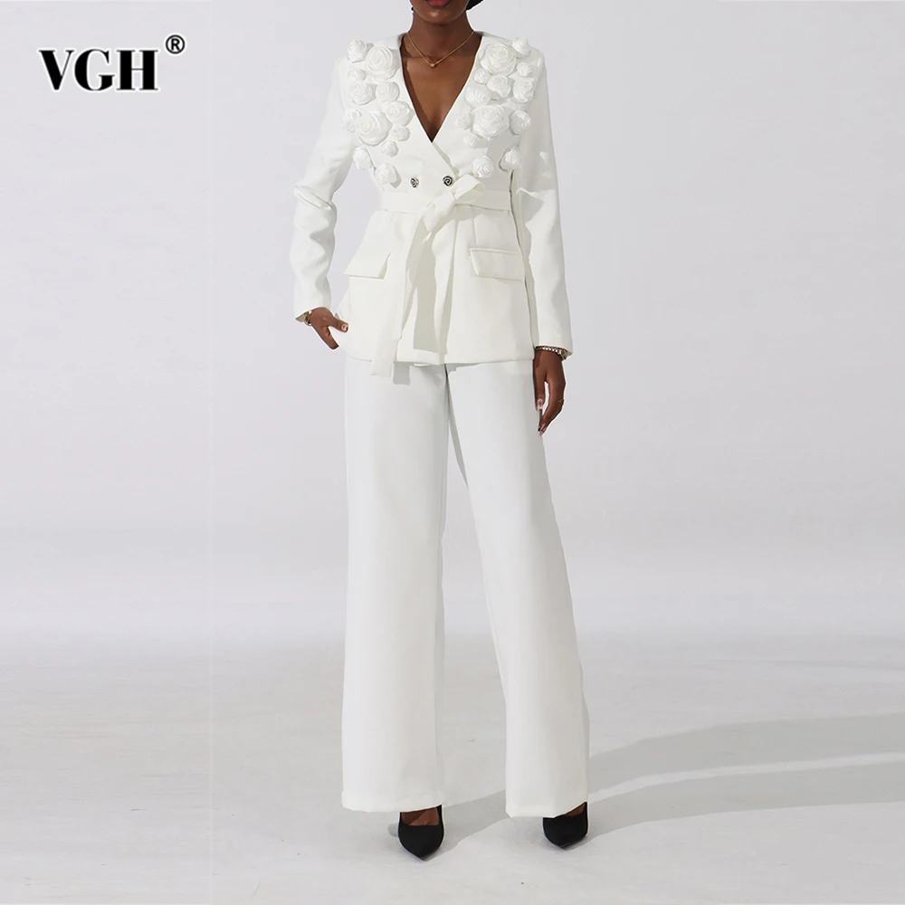 

VGH Casual Slimming Long Pants Sets For Women V Neck Long Sleeve Top High Waist Pants Designer Spliced Appliques Set Female New