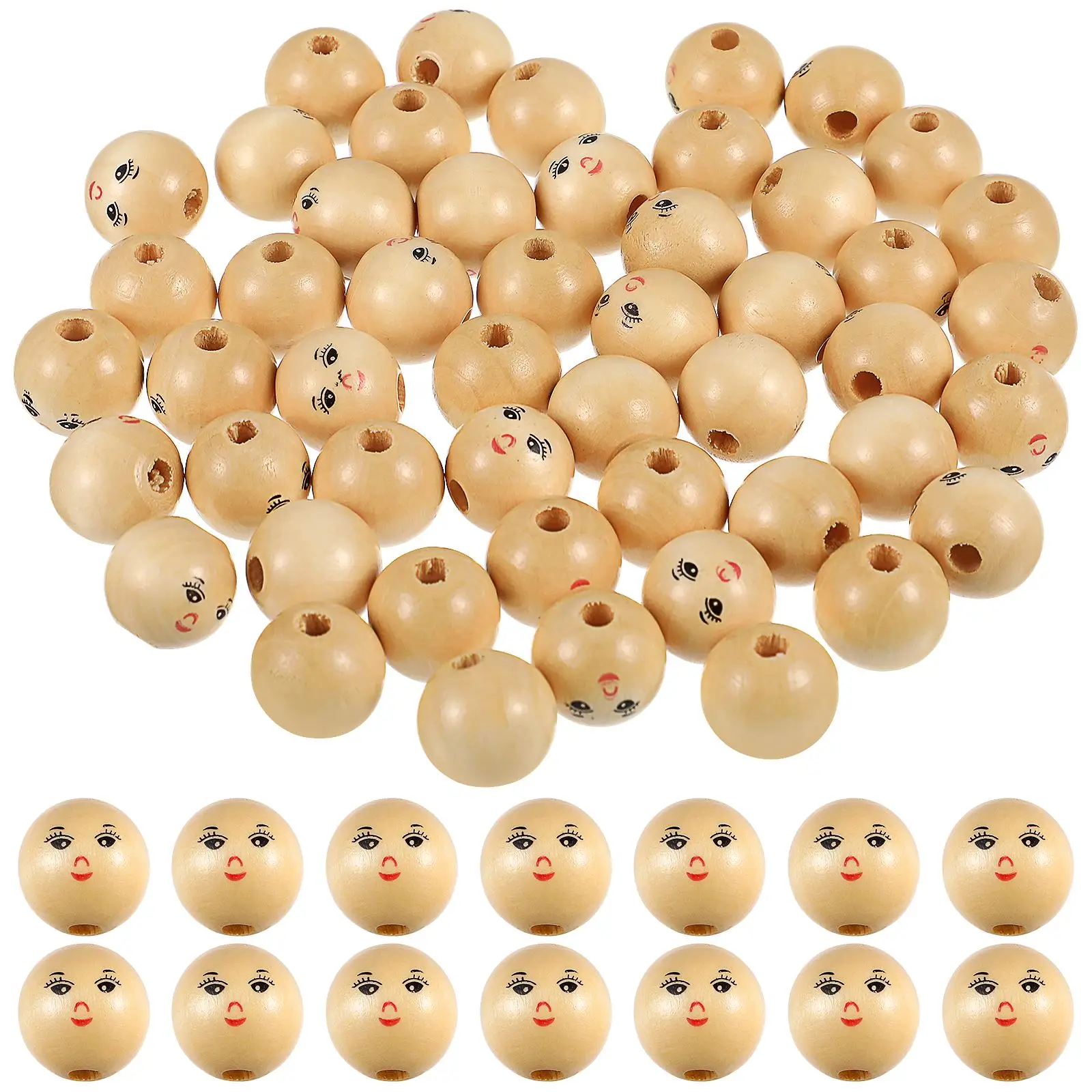 

50Pcs Round Wooden Smile Face Beads Wood Loose Beads Spacer Beads with Hole Smile Face Head Beads for Jewelry Making DIY