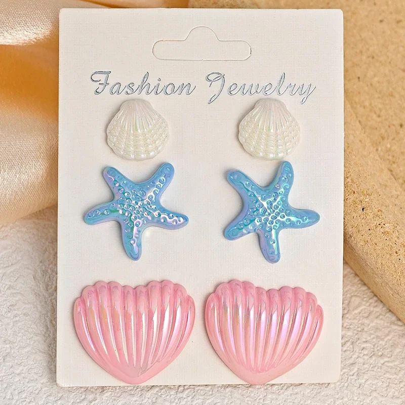 6PCS Bohemian-style Laser Heart-shaped Scallop and Starfish Stud Earrings, Multi-color Stud Earrings, For Summer Beach Vacations