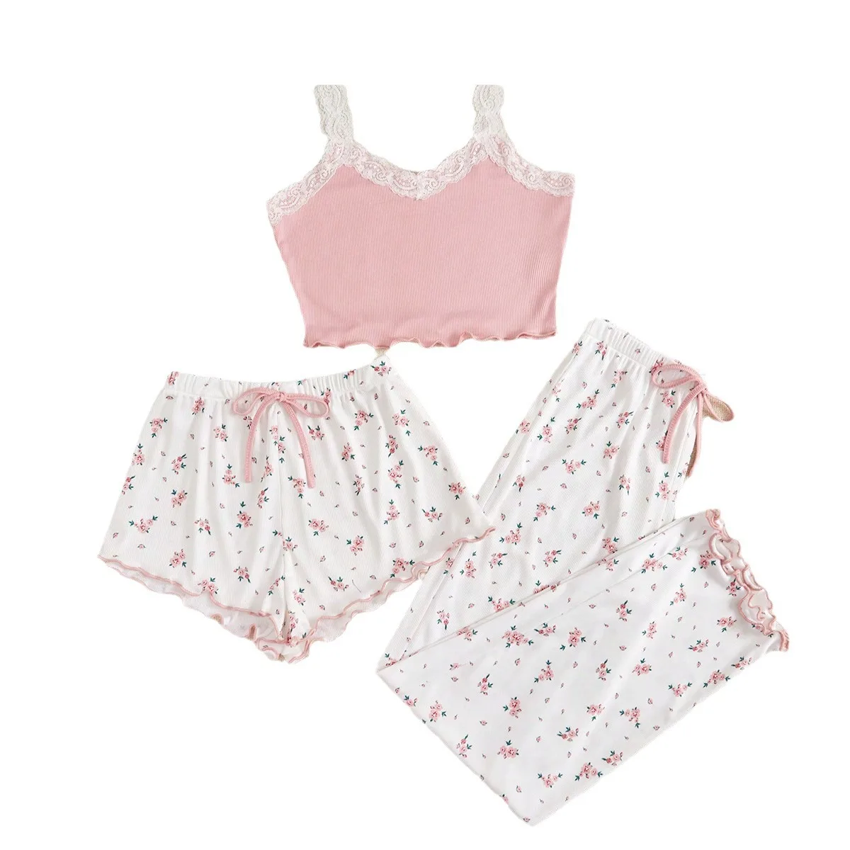 

Женский пижамный комплект из трех предметов: брюки, топ и накидка. Сексуальное женское белье для сна.