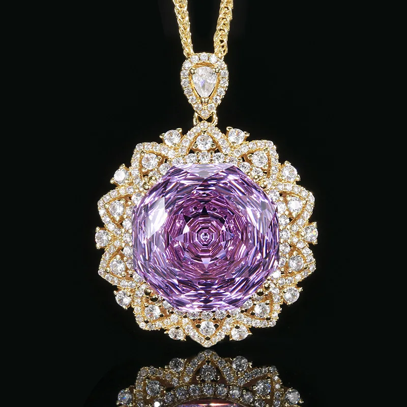 

Gold Tone Sparkling Large Round Cut Clear Purple CZ Vintage Halo Pendant Necklace Elegant Ornate Luxur Statement Wedding Jewelry