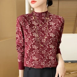 Autumn Winter Women Merino Wool Solid Color Sweater Mock Collar Long Sleeve Pullover Cashmere Jacquard Knitwear Bottoming Tops
