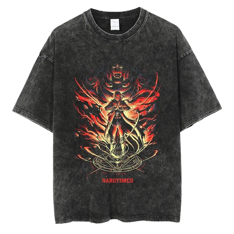 Anime Demon Slayer Rengoku Kyoujurou Printed T-shirt Men's and Women's Washed T-shirt High Quality Vintage Cotton T-shirt Tops