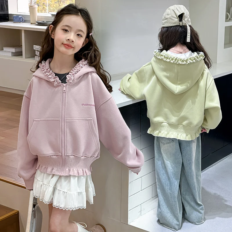 

Детская толстовка с капюшоном для девочек, весна-осень 2026, новый стиль, милая, с рюшами, на молнии, с карманами, детская одежда