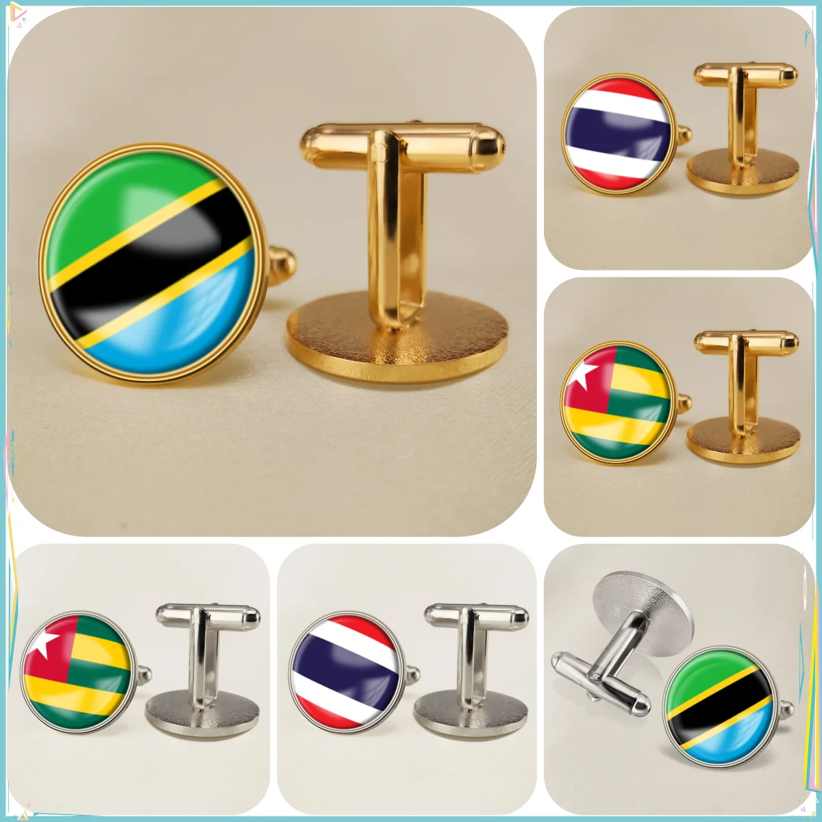 Tanzania Thailand Togo National Emblem Flag Cufflinks