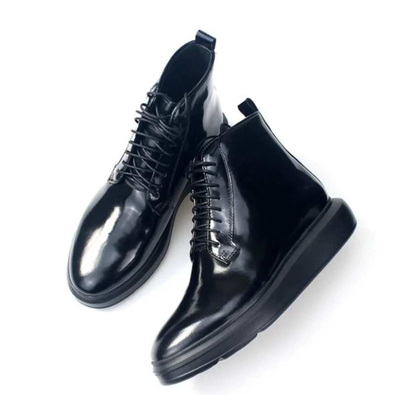 Street Fashion Men Black Patent Leather Boots Lace Up Chunky Sole Minimal Trendy Bar Party Daily High Top Casual Ankle Boots