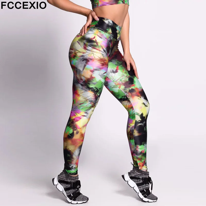 

FCCEXIO Psychedelic Leaves Print High Waist Leggins Sports Fitness Leggings Tights Running Workout Pants Push Up Gym Leggings