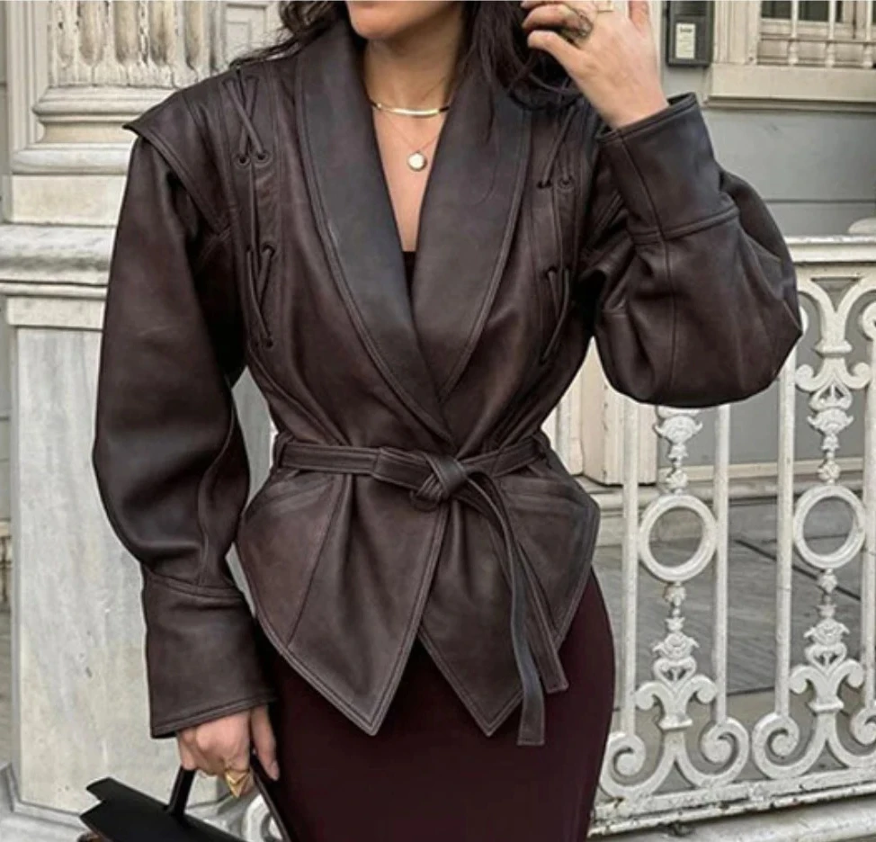

Autumn and Winter Faux Leather Jackets for Women 2025 Dropped Shoulder Oversized Jacket Coat Belted Corset Jacket
