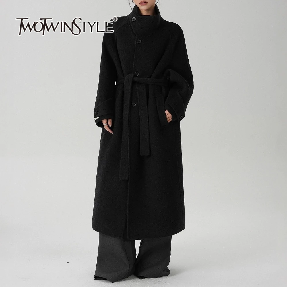 

TWOTWINSTYLE однотонные свободные шерстяные пальто на шнуровке для женщин с воротником-стойкой и длинными рукавами в стиле пэчворк на пуговицах базовое пальто женское новое