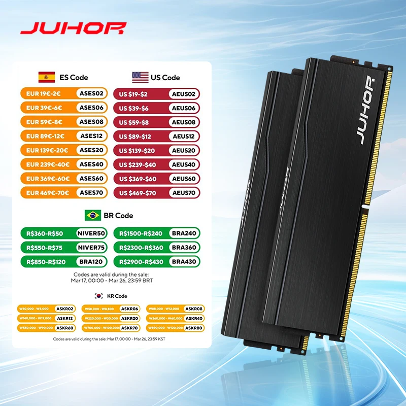 JUHOR Ram DDR5 16GB 6000MHz 6400MHz 32GB(16GBX2) PC4 Desktop Computer Memoria Ram