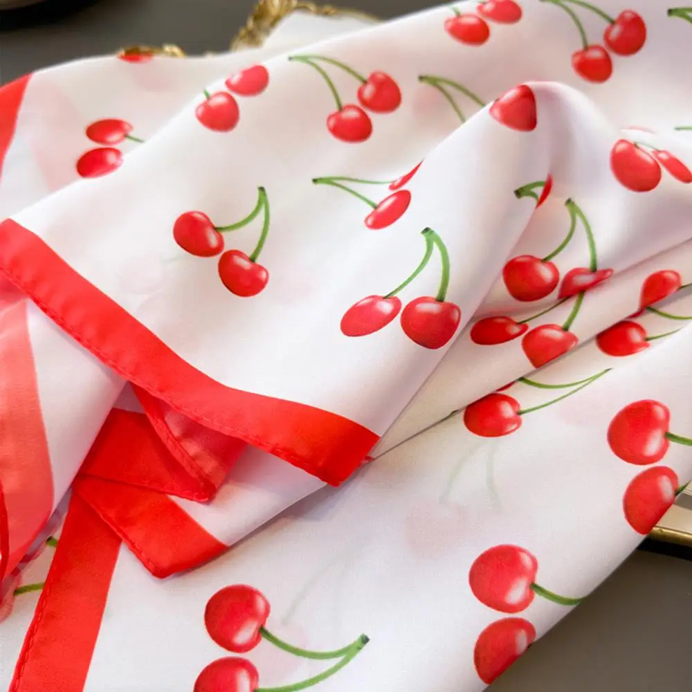 

Cherry Pattern Shawls Wraps Fruit Print Square Satin Scarf Silky Hijab Headband Bag Ribbons Thin Imitation Silk Headscarf