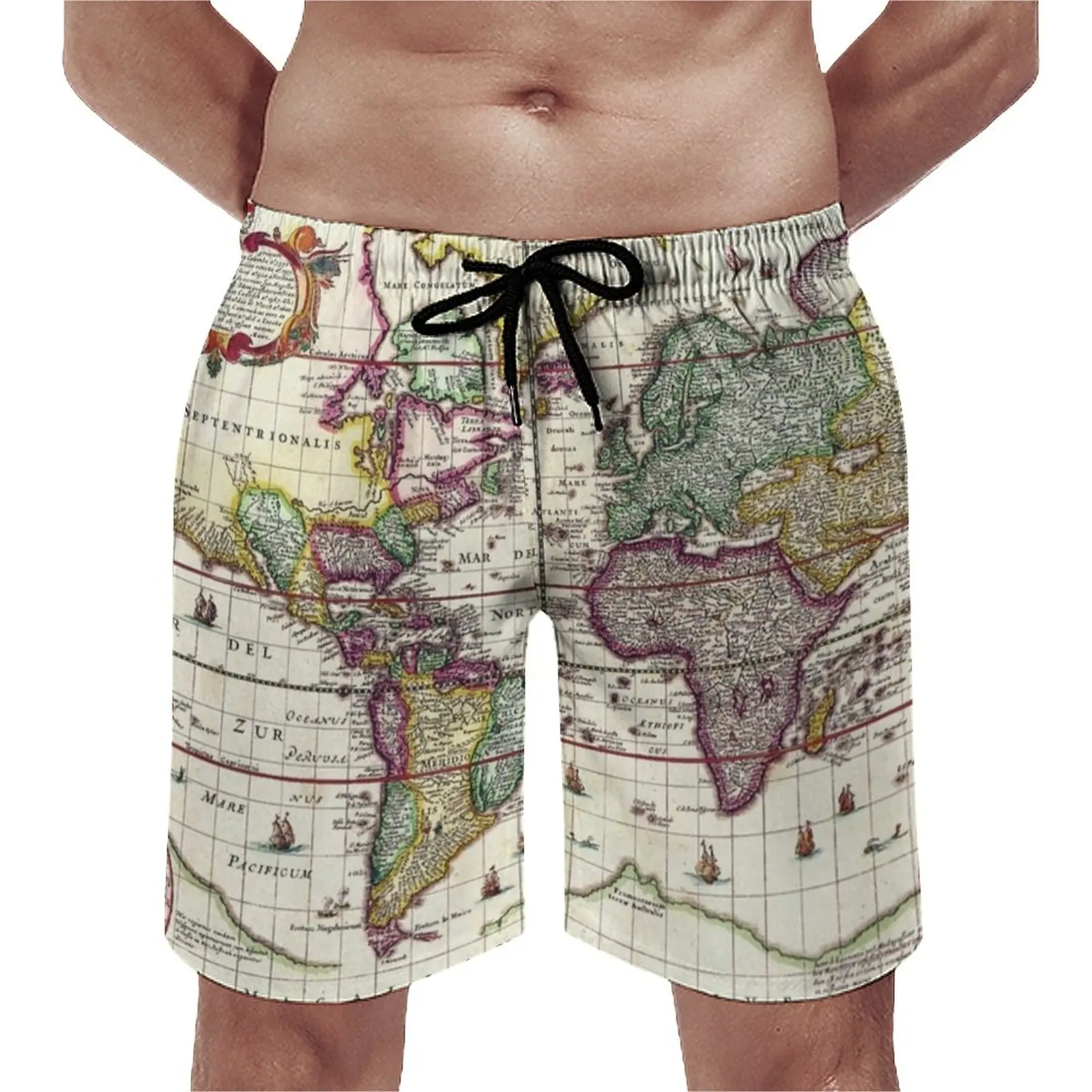 Summer Board Shorts Earth Map Sports Surf Vintage 1652 World Map Design Beach Shorts Casual Quick Dry Swimming Trunks Large Size