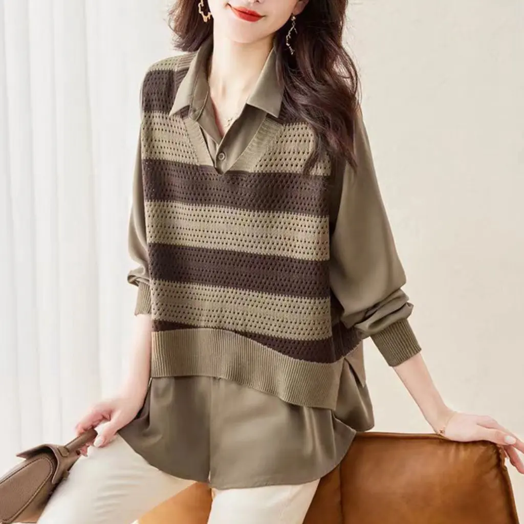 

Women's Spliced Shirt Fake Two-Piece Knitwear Fashionable Striped Outer Wear Age-Reducing Style New Foreign Style Knitwear