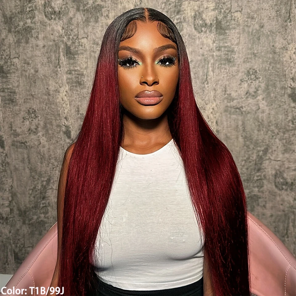 

Ombre Colored T1B/99J Straight Lace Wigs T13x6x1 HD Transparent Lace Frontal Human Hair Wigs Remy For Woman Pre Plucked YYONG