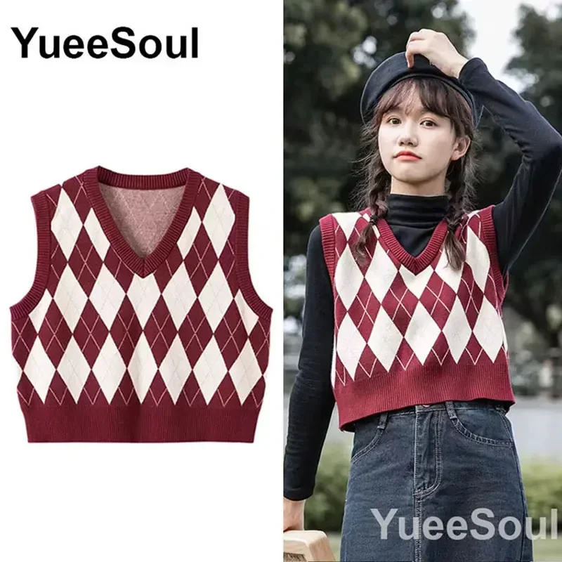 Preppy Style Argyle Women Sweater Vest Sleeveless V Neck Oversized Knitted Waistcoat 2023 New Y2K Vintage High Street Knitwear