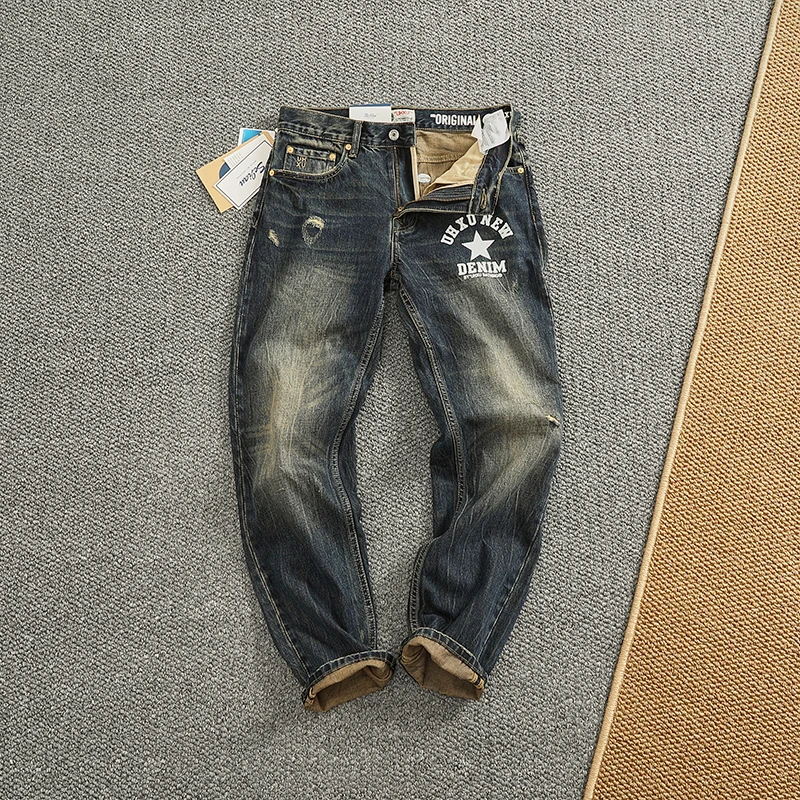 

2025 Autumn New American Retro Heavyweight Letter Printed Denim Jeans Men's Fashion 99.6% Cotton Washed Straight Casual Pants