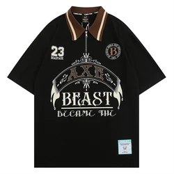 Letter Print Short Sleeve Polo Shirt Mens Summer Streetwear Casual Loose Cotton Half Zipper Lapel Tees Men T-shirt Couple Tops