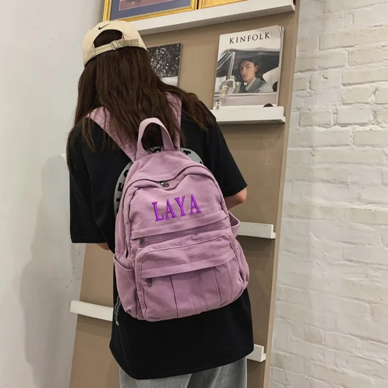 

New Embroidery Name Schoolbag Female Ins Retro College Student Backpack Female Fashion Washable Canvas Backpack Gift Bag