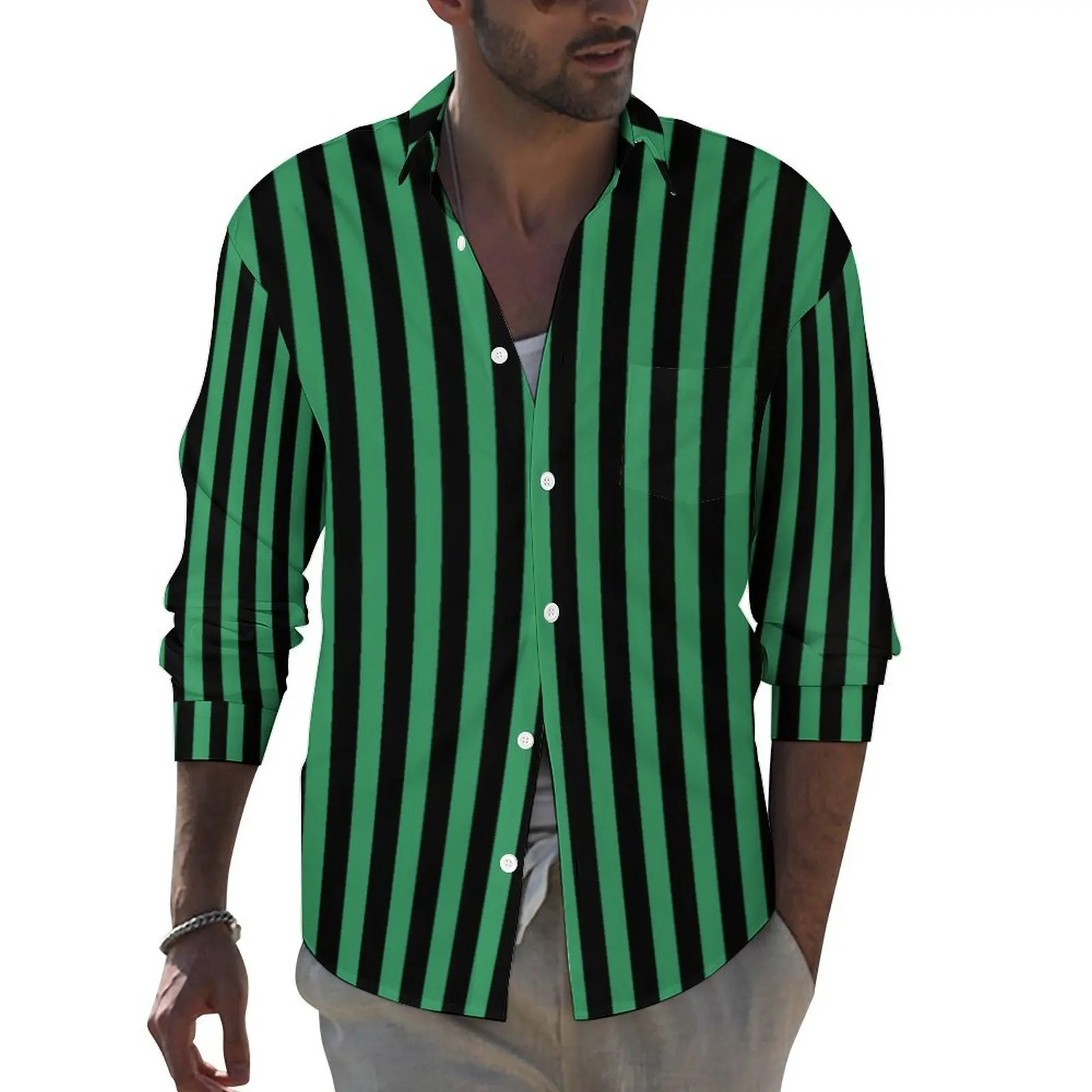 Candy Stripes Shirt Men Green and Black Line Casual Shirts Autumn Y2K Custom Blouses Long Sleeve Fashion Oversized Clothing Gift