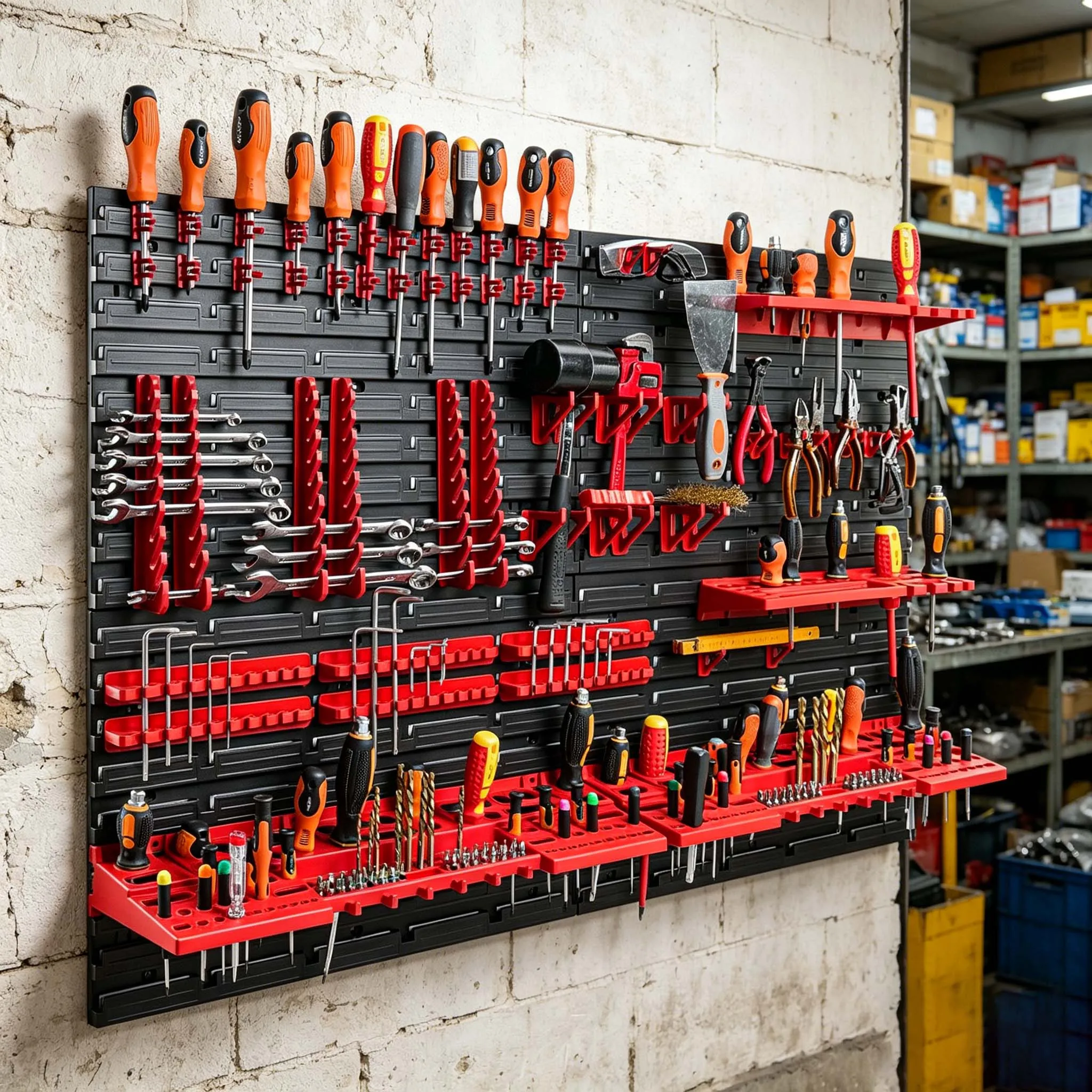 68-Piece Wall-Mounted Tool Storage Rack Set. Easy to Install, Perfect for Garages, Workshops, and Man Caves for Tool Storage.