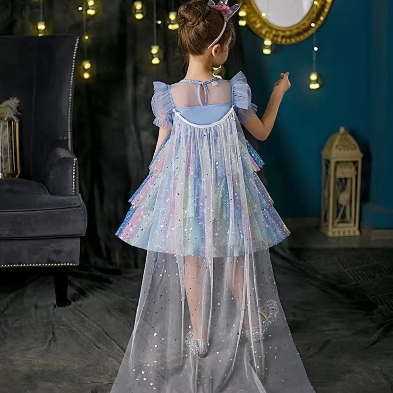 Baby Girl Princess Tutu Layered Dress Fly Sleeve Child Gauze Tulle Vestido Sparkle Star Print Party Wedding Birthday 1-7Y