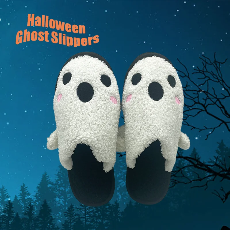 Highland Cow Halloween Ghost Fluffy Slippers Winter Warm Funny Spooky Plush Slipper Indoor House Soft Shoe for Adults Kids Party