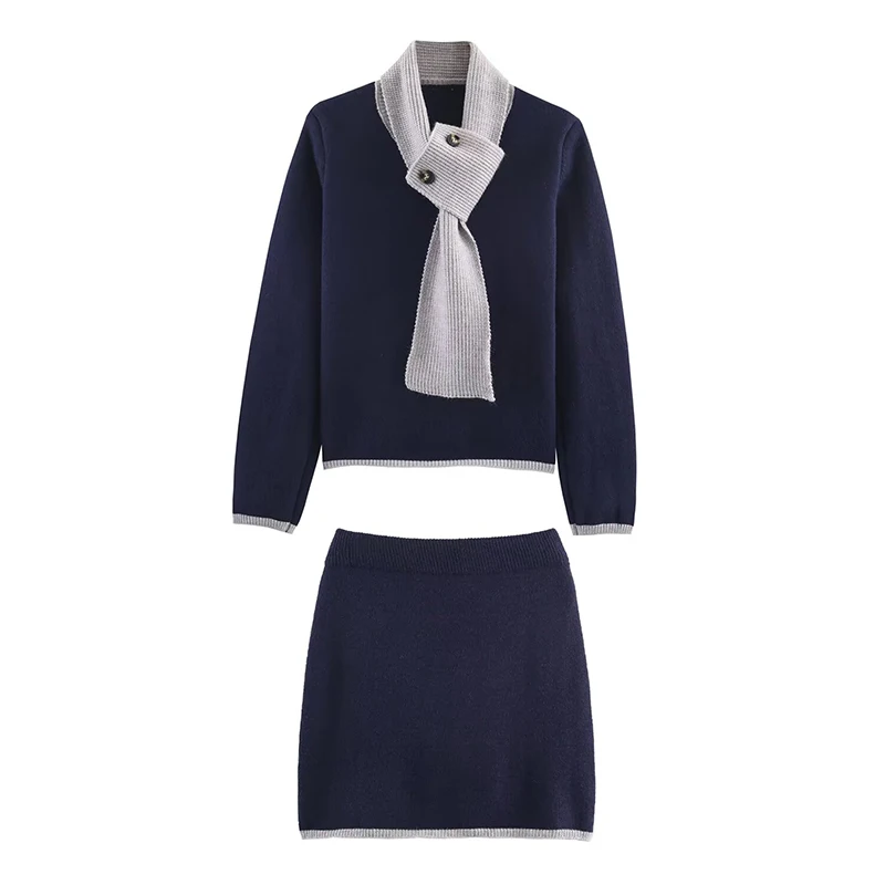Spring Autumn Knitted Set Women Contrasting Scarf Collar Pullover Sweater + High Waist Mini Skirt