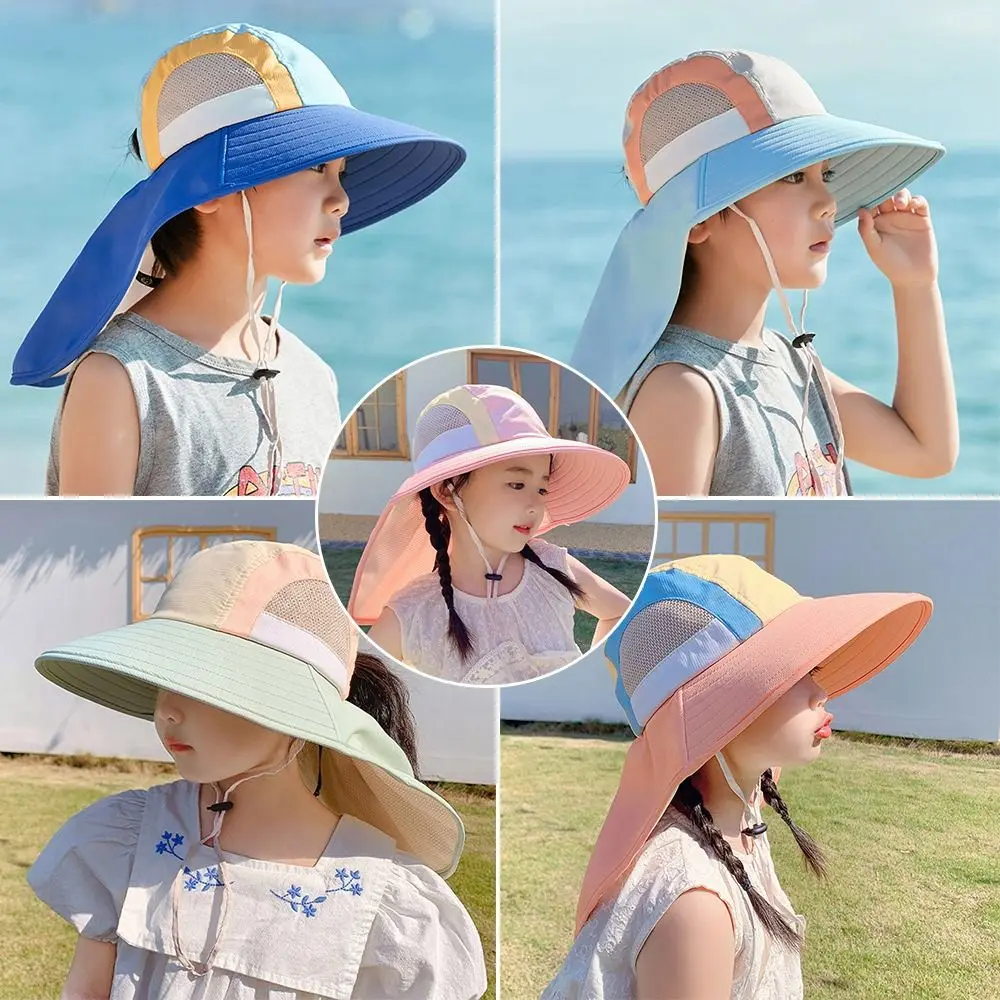 

UV Protection Baby Sun Hat Fashion With Neck Flap Strap Wide Brim Bucket Hat Breathable Panama Cap Outdoor