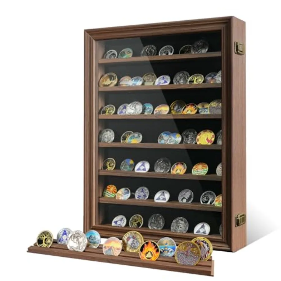 

7 Rows Challenge Coin Display Case with HD Tempered Glass - Wall Mountable, Holds 100 Coins, Medal Display Cabinet Military Sha