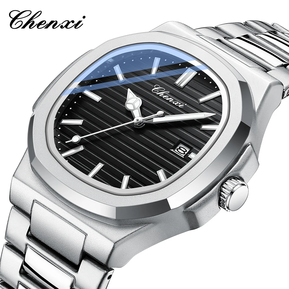 CHENXI Silver Steel Band Couples Watch Fashion Waterproof Luminous Calendar Quartz Men's and Women's Wristwatches Couple Gifts