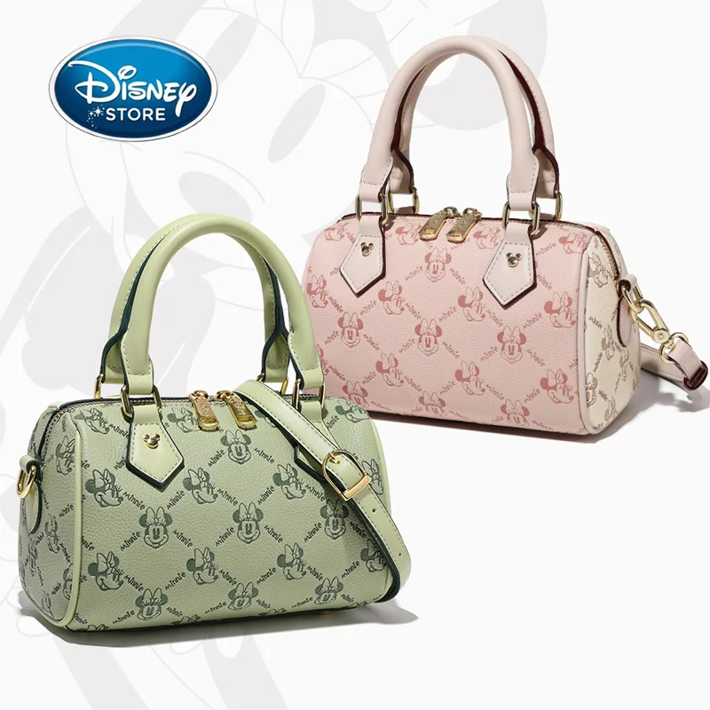 Disney Minnie Series Double-Sided Printed Boston Shoulder Bag Women Handheld Crossbody Bag PU Leather Cylindrical Zipper Bag