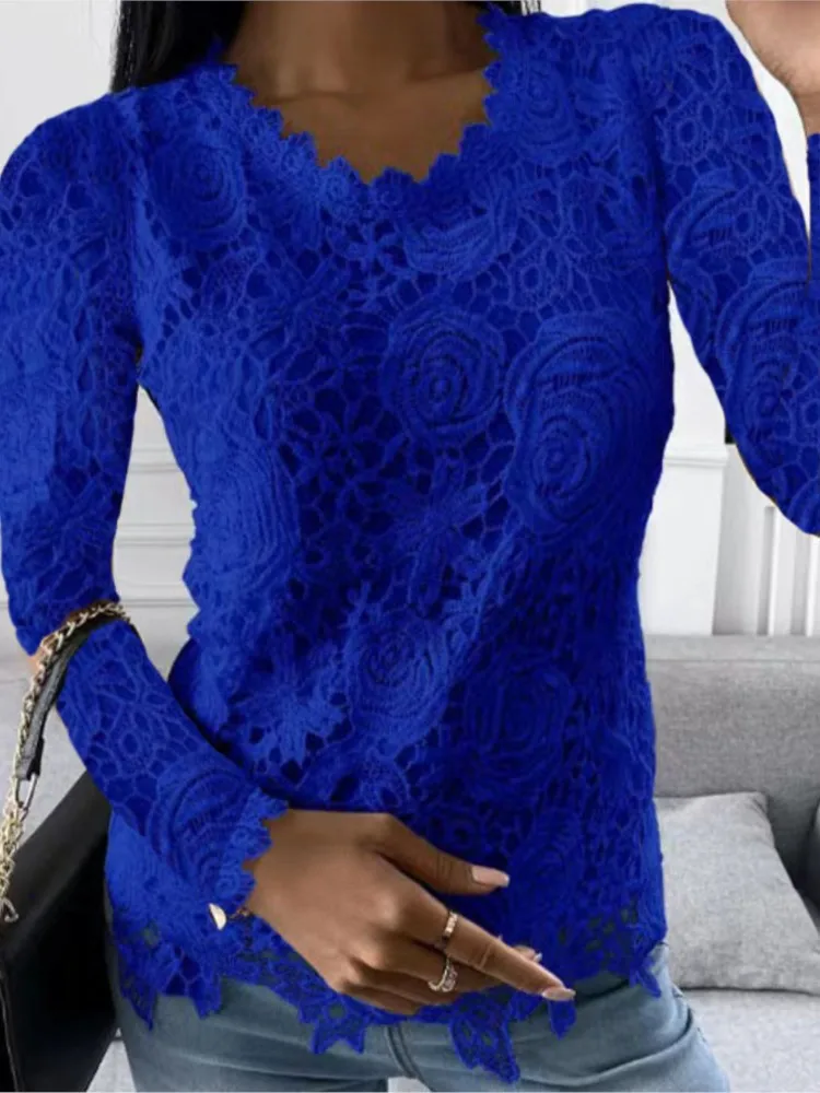 Women Lace Hollow T Shirt Top Fashion Round Neck Long Sleeve Office Lady Blouses Casual Vintage High Street Boho Tops All Season