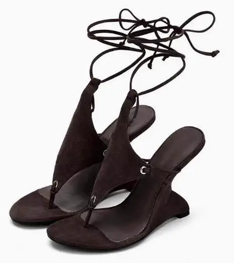 Sandalias sexis de tacón de ante marrón y negro con cordones, sandalias de verano de tacón alto con Clip dedos a la moda para mujer
