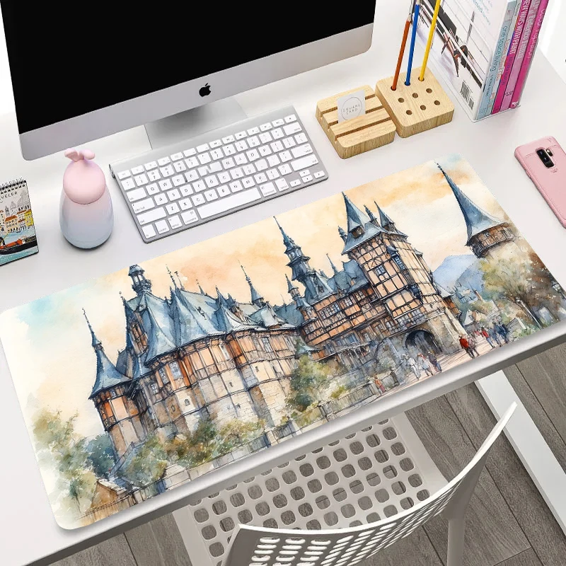 

Castle Mouse Pad Watercolor Fortress Mousepad Painting Art Extended Pads Laptop Setup Accessories Mousepads XXL Large Desk Mats