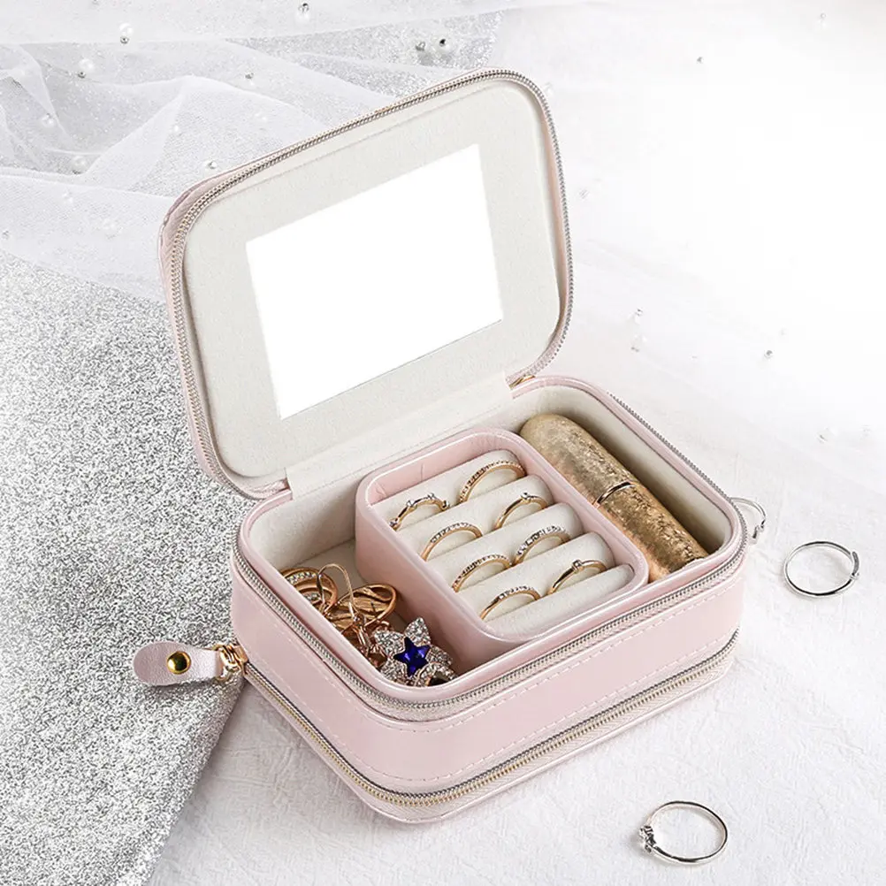 

Portable Zippered Jewelry Box for Women Girls PU Compact Multi-Compartment Case with Built-in Mirror Gift for Birthday