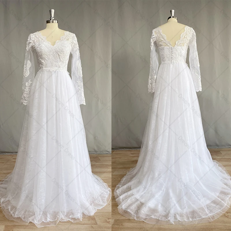 DREAM Vestido De Novia De manga larga con encaje De, traje De Novia bohemio con cuello en V, apliques, corte en A, espalda abierta, 2022,vestidos de fiesta elegantes para boda largo,vestidos baratos con envio gratis