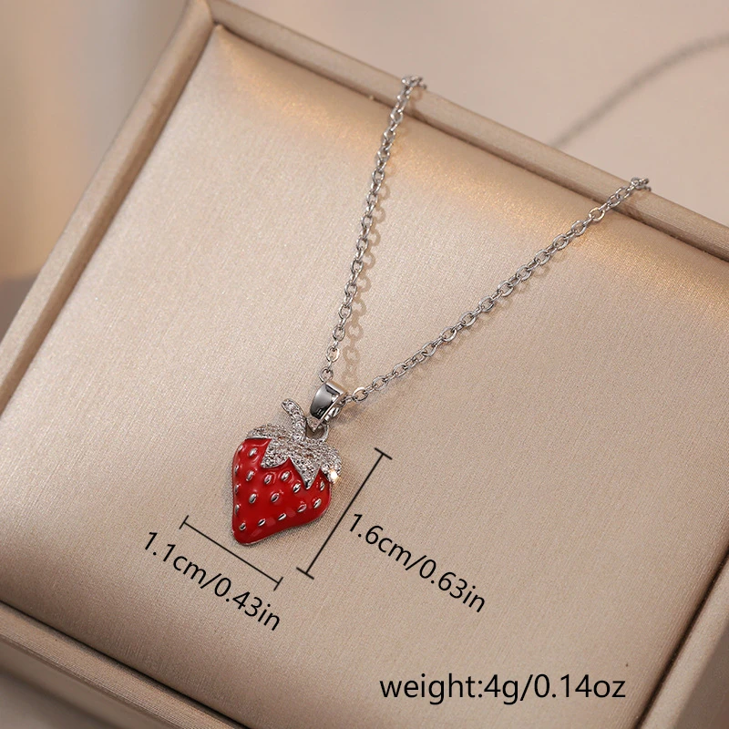 Edelstahl Glänzende Zirkon Rote Erdbeer-Halskette für Frauen Niedliche Romantische Herz-Halskette Luxuriöses Freundschaftsschmuck-Geschenk – Detail 2