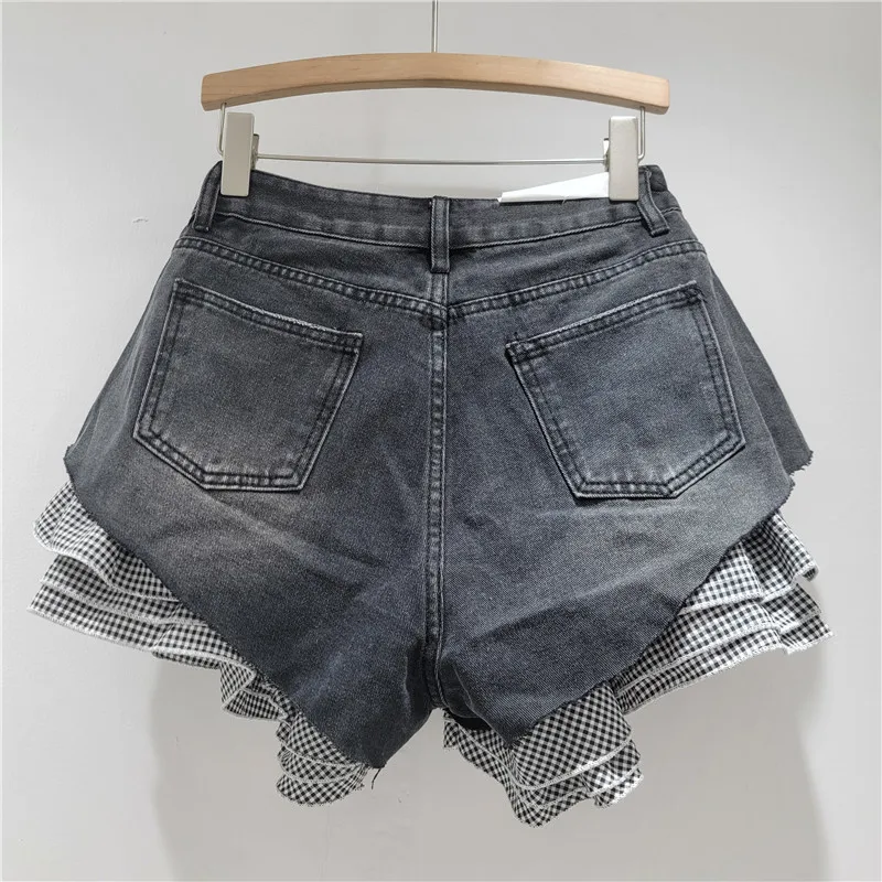 Estilo europeu e americano personalizado denim emenda pequeno xadrez shorts removíveis, shorts jeans de cintura alta para mulheres meninas