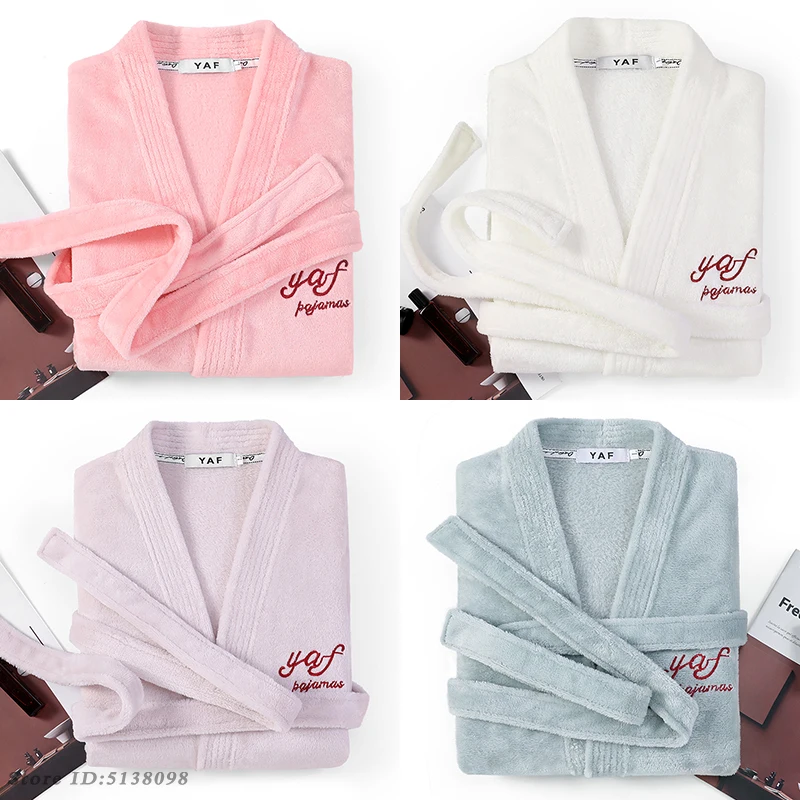 

Couple Flannel Women Robe Nightgown Men Loose Coral Fleece Short Sleeved Bathrobe Kimono Yukata Autumn Winter Sleepwear Homewear