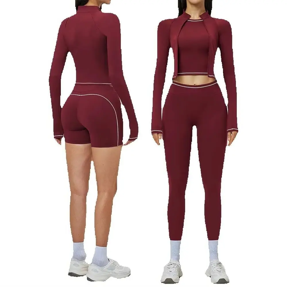 Yoga Suit 3PCS Sports Outfits Women Tracksuit Gym Set Running Workout Clothes Long Sleeve Sports Bra Athletic Wear Yoga Clothing