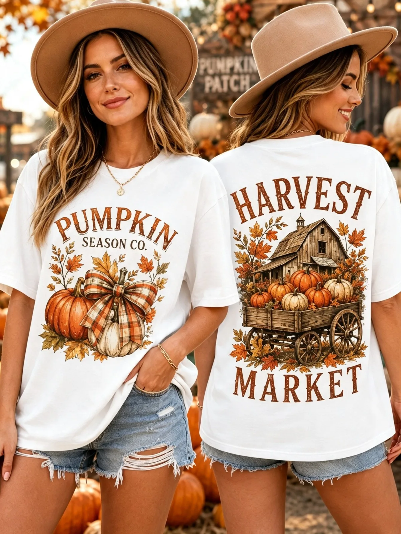 Thanksgiving Fall Season T‑Shirt Pumpkin Season Harvest Market Front Back Print for Women Casual Outdoor Autumn Weekend Apparel