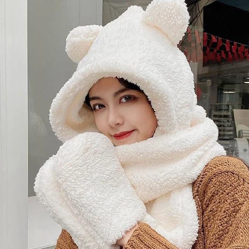 Conjunto de guantes de invierno para mujer, gorro de felpa grueso y cálido con orejas de oso, gorro de protección para el cuello y la oreja, ciclismo al aire libre