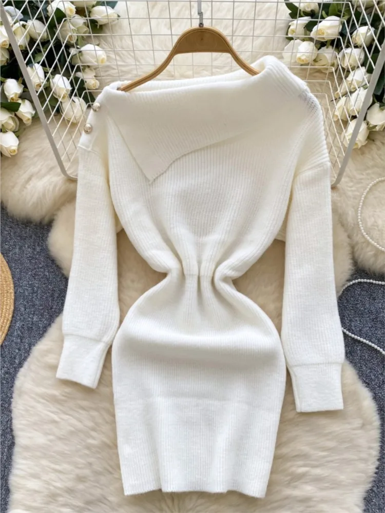 Y2k White Knitted Dresses for Women Fashion Sexy Long Sleeve Sweater Dress Autumn Korean Elegant Bodycon A Line Mini Vestidos